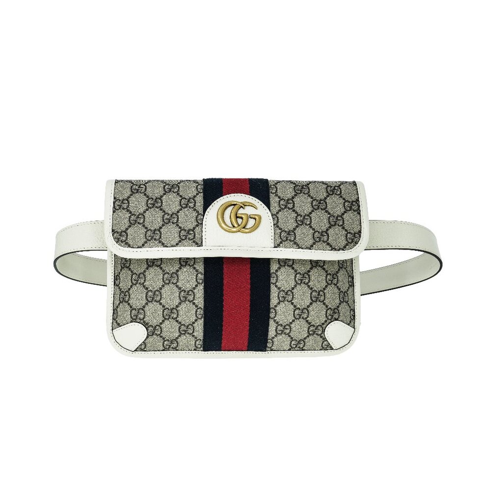 Gucci Beige GG Canvas Belt Bag with Red & Navy Stripe and White Trim